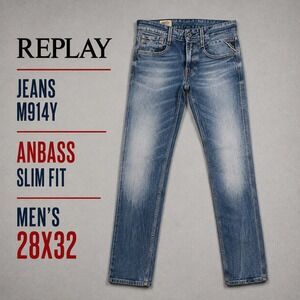 Replay Anbass Slim Fit Jeans Mens 28x32 Blue Medium Wash Denim M914Y Hemmed‎